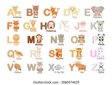 English alphabet with cute animals in cartoon style.