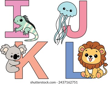 English alphabet with cute animals in cartoon style for kids