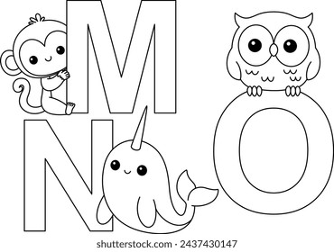 English alphabet with cute animals in cartoon style coloring page for kids