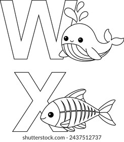  English alphabet with cute animals in cartoon style coloring page for kids