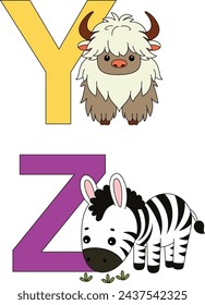 English alphabet with cute animals in cartoon style for kids