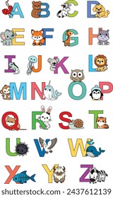 English alphabet with cute animals in cartoon style for kids