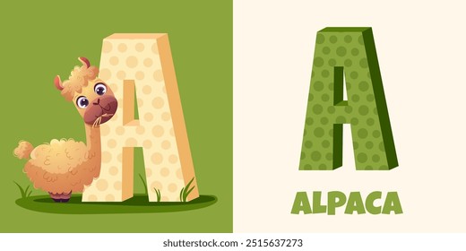 Alfabeto inglês com animais bonitos. Engraçado desenho animado alpaca e a letra A. ABC design em um estilo colorido, ilustração vetorial para cartaz, banner, materiais educativos