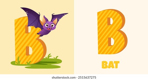 English alphabet with cute animals. Funny cartoon Bat and the letter B. ABC design in a colorful style, vector illustration for poster, banner and educational materials