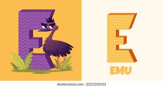 English alphabet with cute animals. Funny cartoon Emu and the letter E. ABC design in a colorful style, vector illustration for poster, banner and educational materials