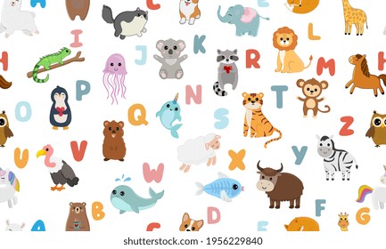 English alphabet with cute animals isolated on white background. Vector illustration for teaching children learning a foreign language.