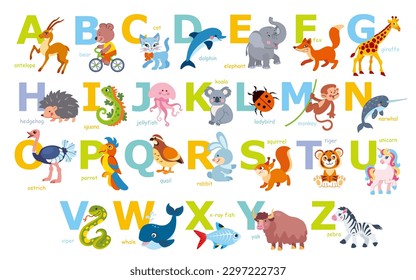 English alphabet with cute animals, mammals, birds, insects, reptiles for kids. Cartoon children ABC alphabet with flat isolated illustration. 