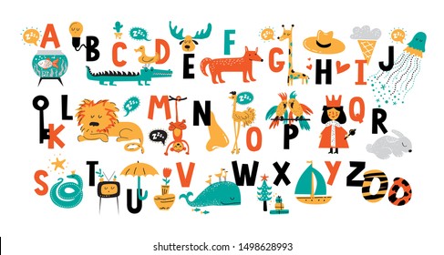 English alphabet with cute animals vector illustrations set in cartoon style for kids ABC book. Colorful letters with animals and objects. Ideal for nursery, kids books, print, card, poster, brand