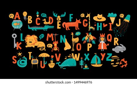 English alphabet with cute animals vector illustrations set in cartoon style for kids ABC book. Colorful letters with animals and objects. Ideal for nursery, kids books, print, card, poster, brand