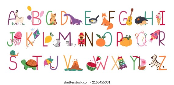 English alphabet with cute animals vector illustrations set. Childish font for kids ABC book symbols pack.