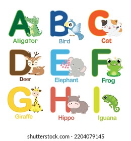 English alphabet with cute animals vector illustration.