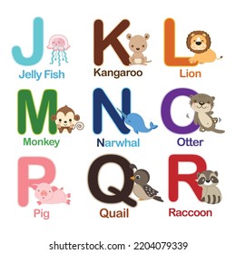 English alphabet with cute animals vector illustration.