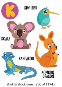 Englisches Alphabet mit süßen Tieren Vektorgrafiken Set. Funny Cartoon Tiere: Komododrache, Koala, Känguru, Kiwi-Vogel. Alphabet-Design in einem bunten Stil.