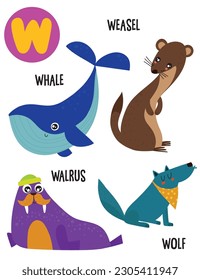 English alphabet with cute animals vector illustrations set. Funny cartoon animals: weasel, whale, wolf, walrus. Alphabet design in a colorful style.