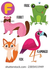 English alphabet with cute animals vector illustrations set. Funny cartoon animals: ferret, fox, flamingo, frog. Alphabet design in a colorful style.