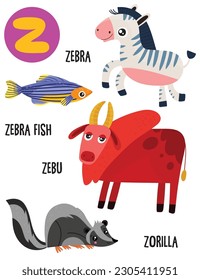 English alphabet with cute animals vector illustrations set. Funny cartoon animals: zebra,zorilla, zebra fish,zebu . Alphabet design in a colorful style.