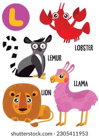 English alphabet with cute animals vector illustrations set. Funny cartoon animals: lemur, lobster, lion, llama. Alphabet design in a colorful style.