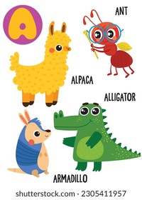 Englisches Alphabet mit süßen Tieren Vektorgrafiken Set. Funny Cartoon Tiere: Alpaca, Ameise, Bewaffnung, Alligator. Alphabet-Design in einem bunten Stil.