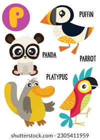 English alphabet with cute animals vector illustrations set. Funny cartoon animals: panda, platypus, puffin, parrot. Alphabet design in a colorful style.