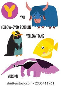 English alphabet with cute animals vector illustrations set. Funny cartoon animals: yak, yellow-eyed penguin,yurumi, yellow fish. Alphabet design in a colorful style.