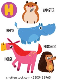 Alfabeto inglés con lindos animales ilustraciones vectoriales set. Animales divertidos de dibujos animados: caballo, hámster, erizo, hipopótamo. El diseño de los alfabetos es colorido.