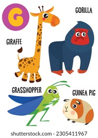 English alphabet with cute animals vector illustrations set. Funny cartoon animals: giraffe, gorilla, grasshopper, guinea pig. Alphabet design in a colorful style.