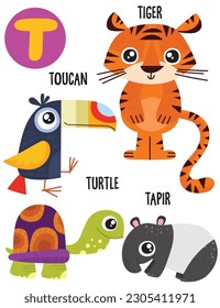 English alphabet with cute animals vector illustrations set. Funny cartoon animals: toucan, tiger, tapir, turtle. Alphabet design in a colorful style.