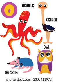 English alphabet with cute animals vector illustrations set. Funny cartoon animals: ostrich, octopus, opossum, owl. Alphabet design in a colorful style.