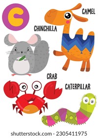 Alfabeto inglés con lindos animales ilustraciones vectoriales set. Animales divertidos de dibujos animados: chinchilla, camello, oruga, cangrejo. El diseño de los alfabetos es colorido.