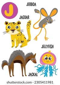 English alphabet with cute animals vector illustrations set. Funny cartoon animals: jaguar, jackal, jerboa, jellyfish. Alphabet design in a colorful style.