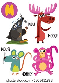 English alphabet with cute animals vector illustrations set. Funny cartoon animals: mouse, mole, monkey, moose. Alphabet design in a colorful style.