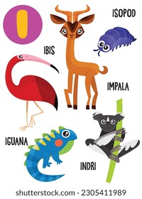 English alphabet with cute animals vector illustrations set. Funny cartoon animals: ibis, iguana, isopod, impala. Alphabet design in a colorful style.