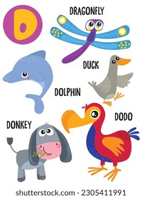 English alphabet with cute animals vector illustrations set. Funny cartoon animals: dolphin, donkey, duck, dodo, dragonfly. Alphabet design in a colorful style.