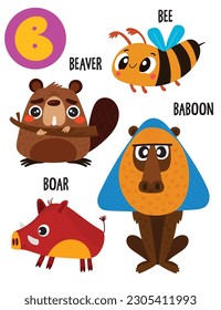 English alphabet with cute animals vector illustrations set. Funny cartoon animals: beaver, baboon, boar, bee. Alphabet design in a colorful style.