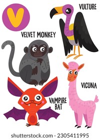 English alphabet with cute animals vector illustrations set. Funny cartoon animals: vicuna,vampire bat,velvet monkey,vulture. Alphabet design in a colorful style.