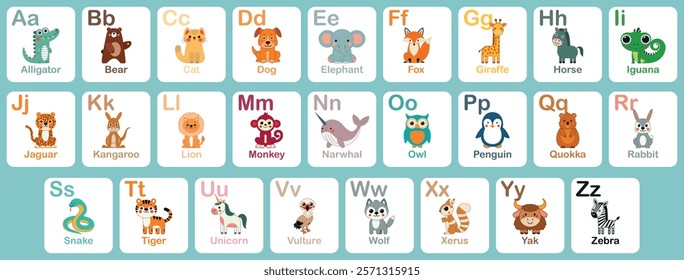 English alphabet with cute animals vector illustrations set. Childish font for kids ABC book symbols pack. Kids english alphabet, A to Z with cute cartoon animals.