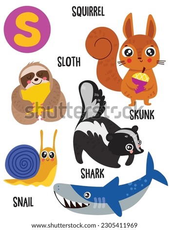 English alphabet with cute animals vector illustrations set. Funny cartoon animals: squirrel, snail, skunk, sloth, shark. Alphabet design in a colorful style.