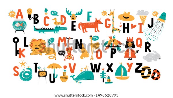 Colourful alphabet letters with animals and objects. Ideal for nursery school wallpaper