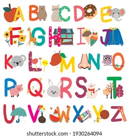 English alphabet with cute cartoon animals, flower, candy, vector illustration set.  capital letter for kids, children font.