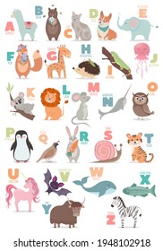 English alphabet with cute cartoon animals for kids education. Letter with a funny animal.