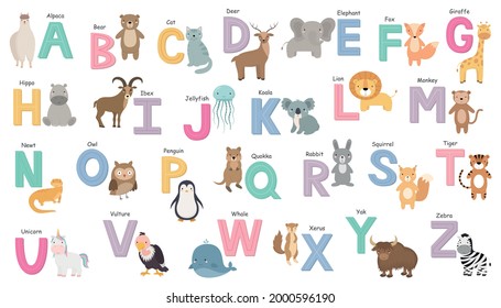 English alphabet with cute cartoon animals. Colorful alphabet for children. Capital letters. Vector illustration.