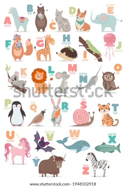 English Alphabet Cute Cartoon Animals Kids Stock Vector (Royalty Free ...