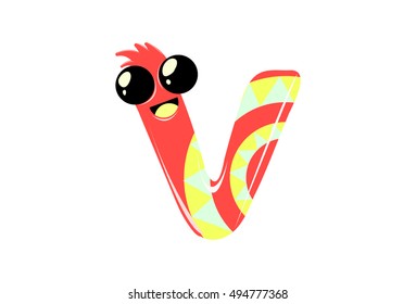 The English alphabet with cute cartoon expression. Letter "v". Vector illustration for teaching children with an interesting avatar of letters.