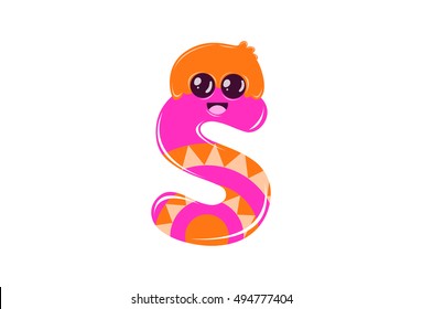 The English alphabet with cute cartoon expression. Letter "s". Vector illustration for teaching children with an interesting avatar of letters.