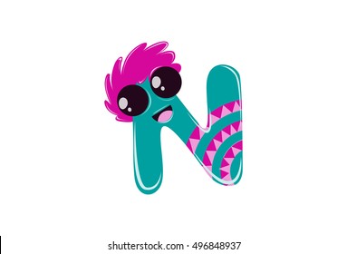 The English alphabet with cute cartoon expression. Letter "N". Vector illustration for teaching children with an interesting avatar of letters.