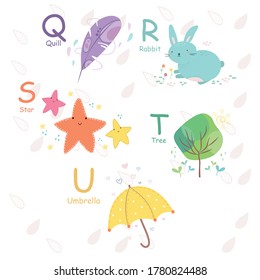 English alphabet with cute and funny characters in vector, learn to read Q, R, S, T, U letters. Isolated stickers for children's books