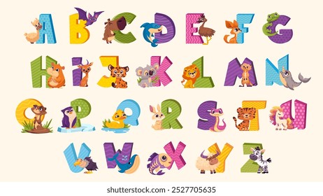 English Alphabet with Cute and Unusual animals for kids education. Funny hand drawn style characters. Vector illustration