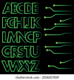 english alphabet, cyberpunk neon green