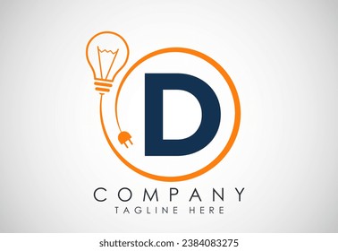 English alphabet D in a circle with electric bulb and plug. Electricity, industrial and technology logo