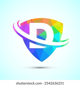 English alphabet D with shield and swoosh. Creative modern logo design low poly style